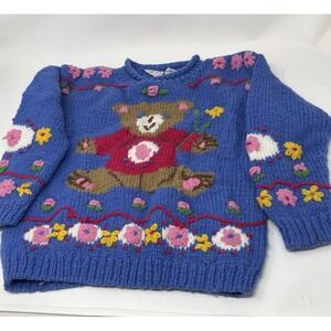 Badge Kids Girls Sweater Hand Knit Teddy Bear Flowers Blue Pink 6 6X Vtg 80s